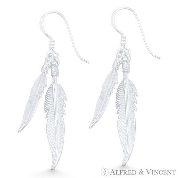 Textured Double-Feather Charm Dangling Hook Earrings in .925 Sterling Silver - Picture 1 of 1